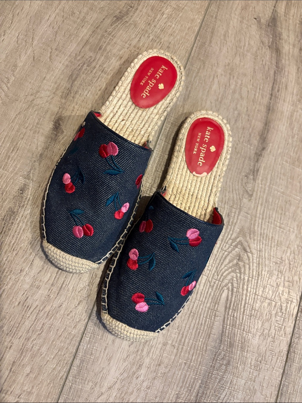 kate spade Navy Embroidered Cherry Espadrille Mules